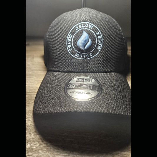 Custom Glow in the Dark All Black Flex fit Cap Blue Logo addition with Glow in the Dark Flower on the back of Cap