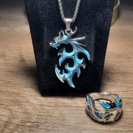 Unisex 2 Piece Glow In The Dark Dragon Necklace Pendant And Ring
