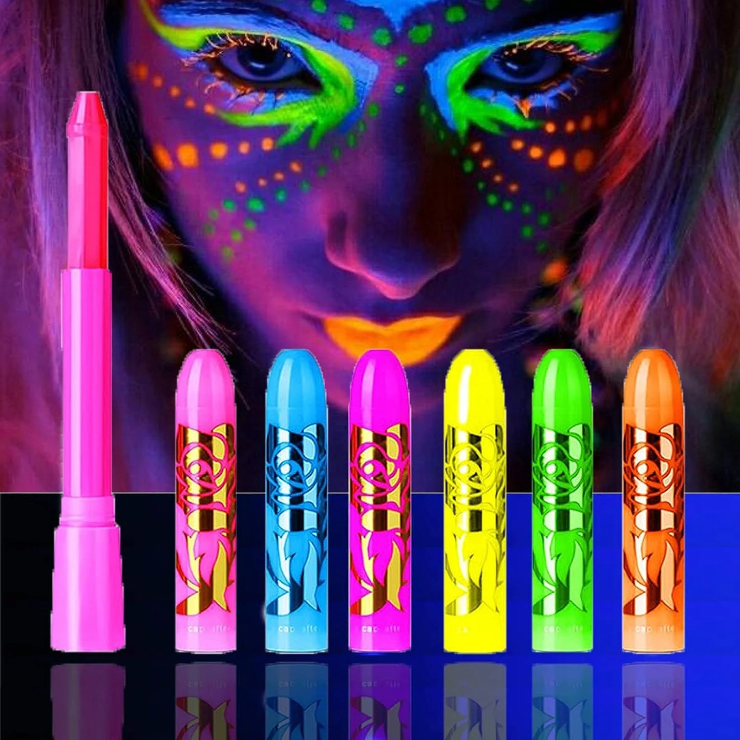 6 Pcs Glow in The Dark Body Face Paint Neon Glow in The Black Light UV Fluorescent Crayons Paint Sticks Makeup Kit for Kids Adults Halloween Masquerade Mardi Gras Blacklight Birthday Party.