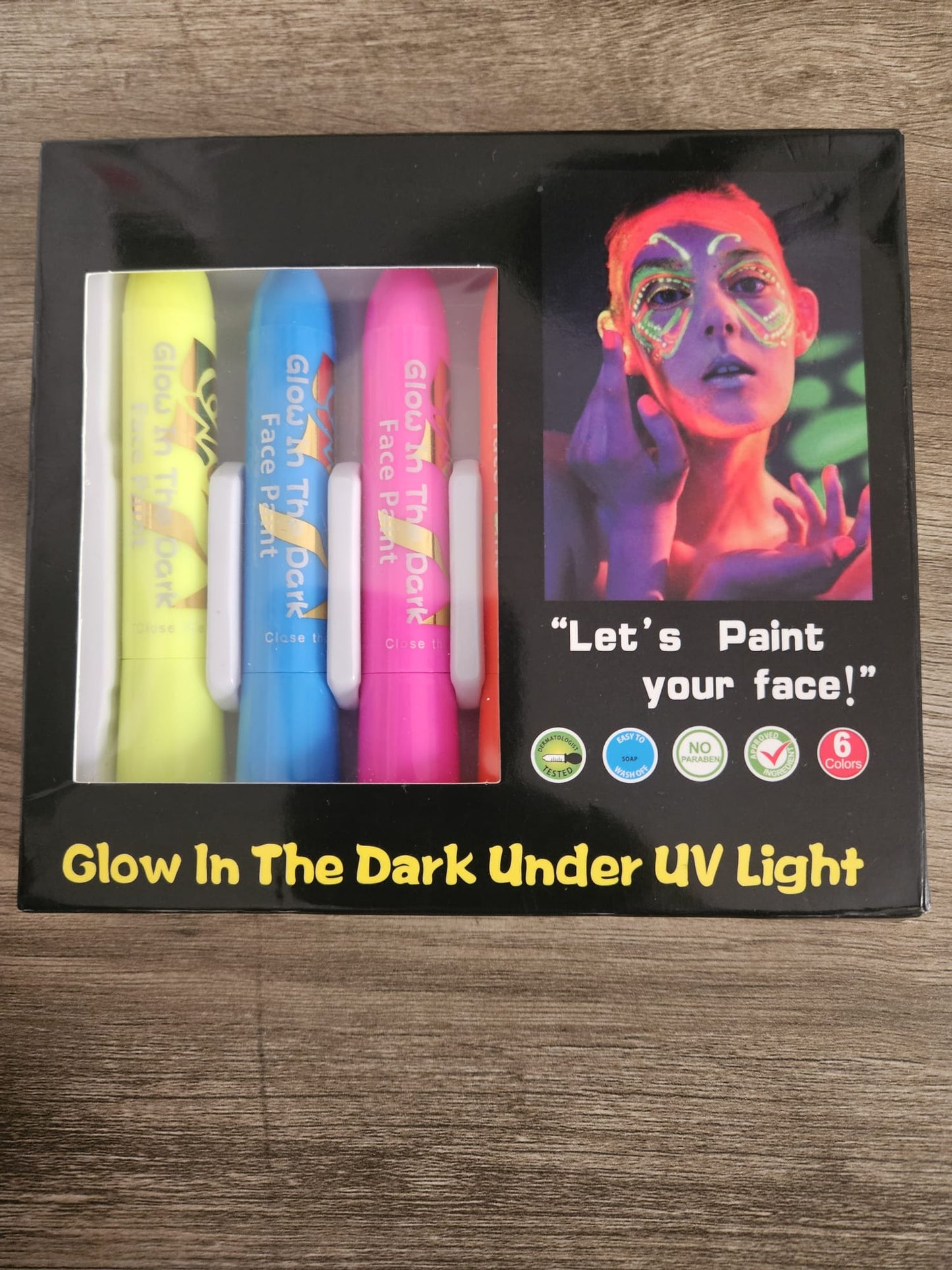 6 Pcs Glow in The Dark Body Face Paint Neon Glow in The Black Light UV Fluorescent Crayons Paint Sticks Makeup Kit for Kids Adults Halloween Masquerade Mardi Gras Blacklight Birthday Party.